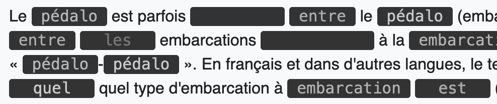 Un exemple du jeu Pédantix particulièrement difficile : la moitié des mots sont remplacés par le mot "pédalo" et rien ne fait sens